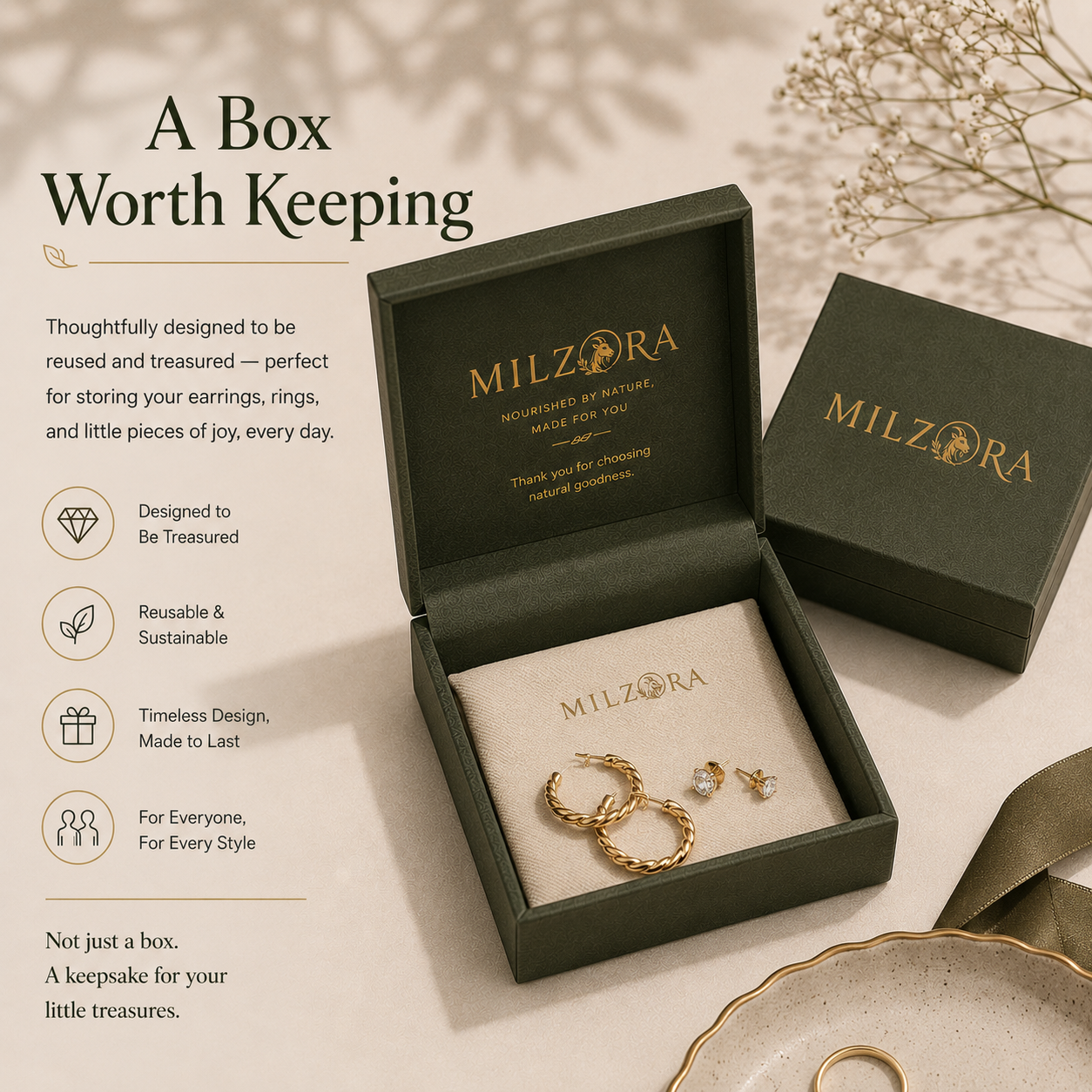 MILZORA reusable luxury keepsake box holding earrings and rings