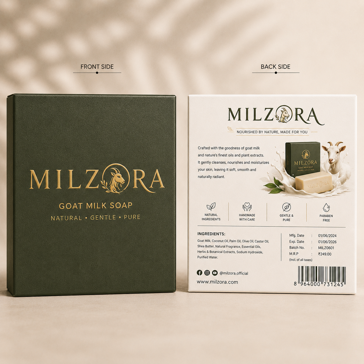 Milzora Goat Milk Soap box — front and back